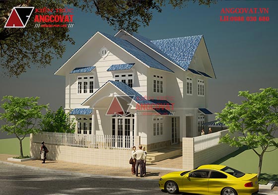 Mẫu thiết kế nhà 2 tầng 90m2 3 phòng ngủ mái ngói hiện đại ở Hà Nội BT11145